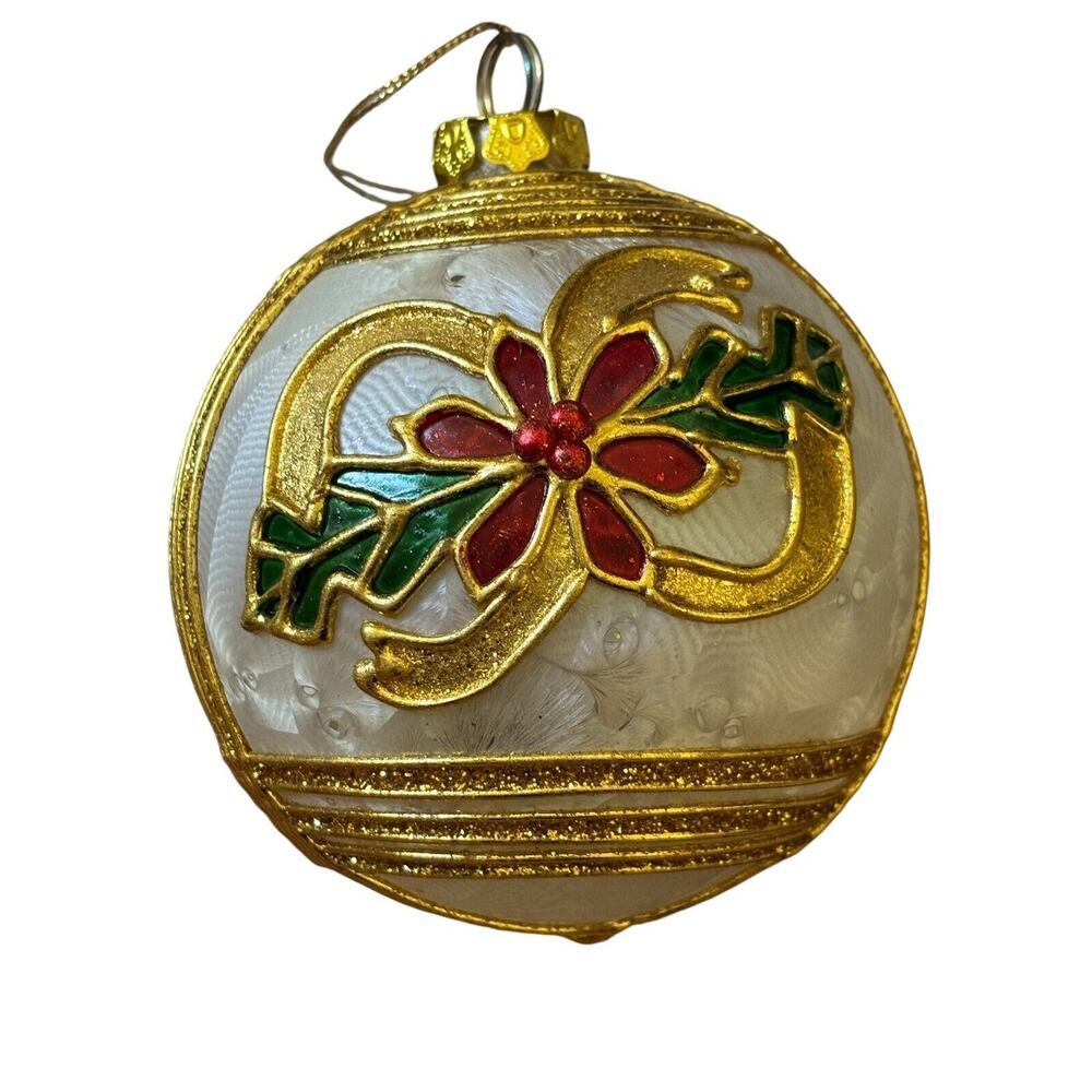 SATIN Poinsettia BALL EUROPEAN BLOWN GLASS CHRISTMAS ORNAMENT Gold Foil - Picture 4 of 6